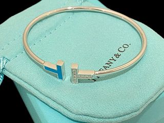 Tiffany T Diamond and Turquoise Wire Bracelet in 18k White Gold