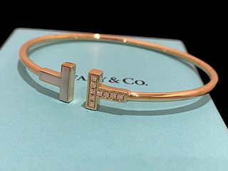 Tiffany T Wire Bracelet in 18K Yellow Gold with Mother-of-pearl and Diamonds