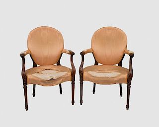 Pair of Georgian Carved Mahogany Armchairs, in the French style, late 18th century