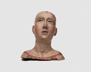 Continental Carved and Painted Wood Bust of a Saint