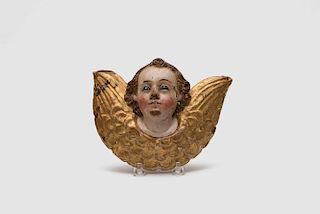 Continental Carved Oak Painted and Gilt Winged Cherub with Blue Glass Eyes