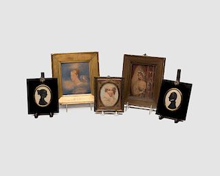 Three Portrait Miniatures on Paper together with a Pair of Silouette Profile Portraits, 19th century
