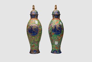 Pair of English Chinoiserie Decorated Covered Vases