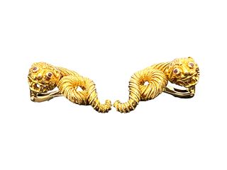 Ilas Lalaounis Greek 18k Gold Lion Snake Swirl Diamond Ruby Earrings