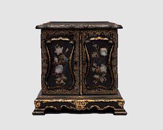 Victorian Papier Mache Mother of Pearl Inlaid and Gilt Painted Collector's Cabinet