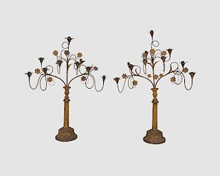 Pair of Continental Carved and Painted Wood and Tole Nine Light Candelabra