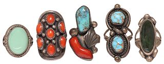 (5) NATIVE AMERICAN & SOUTHWEST SILVER, TURQUOISE & CORAL RINGS