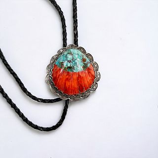 Southwestern Turquoise, Spiny Oyster Shell, Sterling Silver Bolo Tie, Benny Aldrich