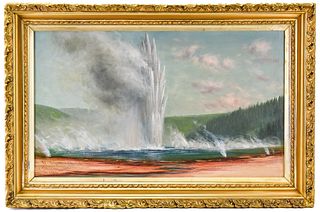 JE STUART "HELL'S HALF ACRE, EXCELSIOR GEYSER" YELLOWSTONE PARK OIL PAINTING