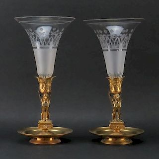 Pair Antique French Empire Ormolu and Etched Crystal Vases