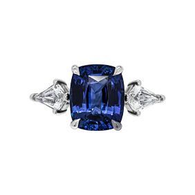 Certified 3.90 ct. Cushion Sapphire & Natural Diamond 3-Stone Ring in Platinum.