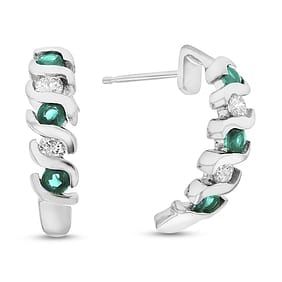 0.76 ct. Natural Emerald & Diamond J Hoop Earrings in 14K White Gold