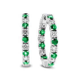 3.58 ct. Natural Emerald & Diamond Hoop Earrings in 14k White Gold