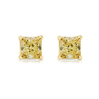 GIA Certified 2.07 ct. Natural Fancy Yellow Radiant Cut Diamond Earrings in 14k Yellow Gold