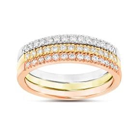 0.45 ct. Natural Diamond Tri Color Band Stackable Ring in 14K White, Yellow & Rose Gold