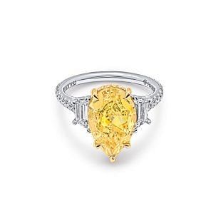 GIA 5.02 ct. 3 Stone Fancy Light Yellow Pear Shape Diamond Ring in Platinum & 18K