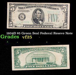 1934D $5 Green Seal Federal Reseve Note Grades vf+