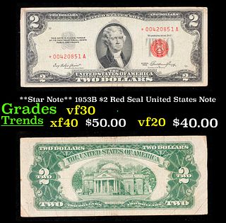 **Star Note** 1953B $2 Red Seal United States Note Grades vf++