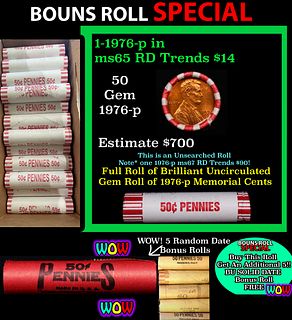 THIS AUCTION ONLY! BU Shotgun Lincoln 1c roll, 1976-d 50 pcs Plus FIVE bonus random date BU roll! Bank Wrapper 50c
