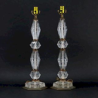 Pair of Antique Possibly EF Caldwell Etched Crystal and Bronze Lamps