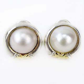 Vintage Mabe Pearl, 18 Karat Yellow Gold and Sterling Silver Button Earrings