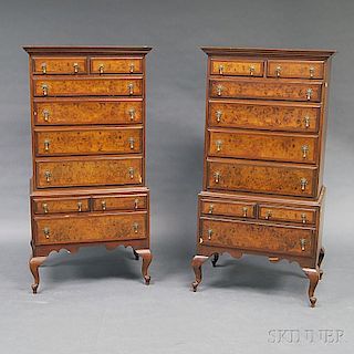 Pair of Queen Anne-style Mahogany and Burl Veneer Tall Chests
