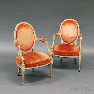Pair of Louis XV-style White-painted and Carved Upholstered Fauteuil