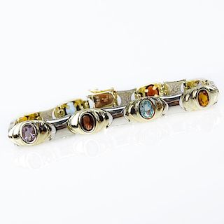 Vintage 14 Karat Yellow and White Gold Link Bracelet Set with Oval Cut Multi Gemstones