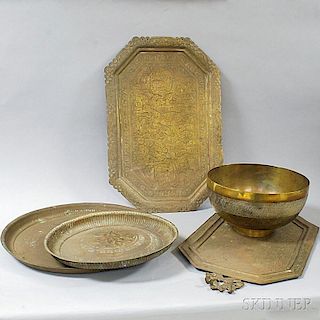 Four Asian Brass Trays and a Bowl