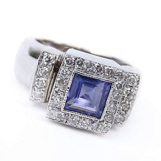 Vintage Square Cut Sapphire, Diamond and 14 Karat White Gold Ring