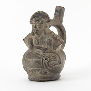 Pre Columbian or Later  Blackware Chimu Inca Figural Pottery Stirrup Vessel