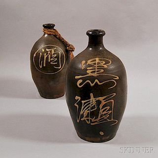 Two Japanese Bizen Ware Sake Bottles