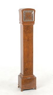 Diminutive English Art Deco Figured Walnut Tall Case Clock