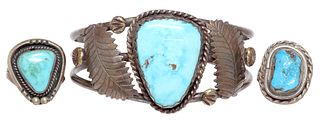 (3) SOUTHWEST STYLE SILVER TURQUOISE CUFF & RINGS