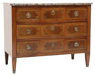 NEOCLASSICAL STYLE MARBLE-TOP PARQUETRY-BANDED COMMODE