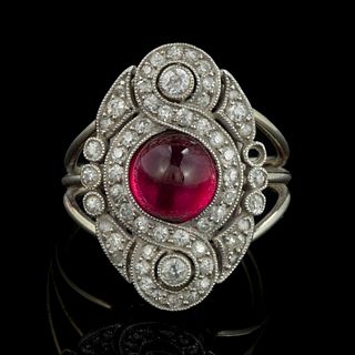 ANTIQUE / VINTAGE ART DECO PLATINUM, 14K WHITE GOLD, DIAMOND, AND RUBY LADY'S RING