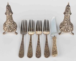 S. KIRK & SON AND OTHER BALTIMORE, MARYLAND REPOUSSE STERLING SILVER FLATWARE AND SHAKERS, LOT OF SEVEN