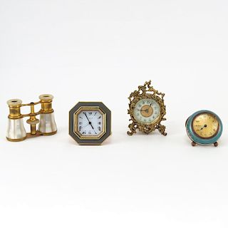 Collection of Three (3) Vintage Miniature Clocks Including a Cartier Alarm Clock with Enamel, Ansonia Gilt Metal Rococo style