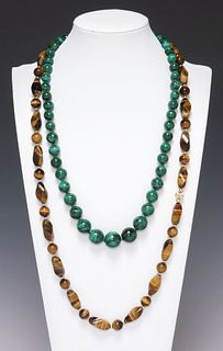 (2) ESTATE 14KT & TIGERS EYE & HAND-KNOTTED MALACHITE NECKLACES