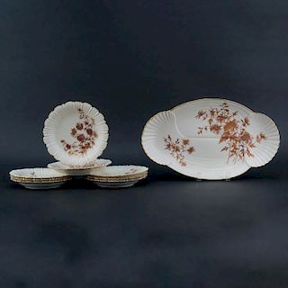 Antique Nine (9) Piece Royal Worcester Blush Gilt Porcelain Fish Serving Set