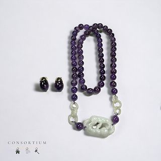 Amethyst, Jade Necklace with Pair of Earrings