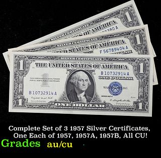 Complete Set of 3 1957 Silver Certificates, One Each of 1957, 1957A, 1957B, All CU! $1 Blue Seal Silver Certificate Grades