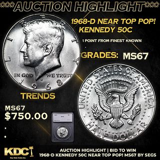 ***Auction Highlight*** 1968-d Kennedy Half Dollar Near Top Pop! 50c Graded ms67 By SEGS (fc)