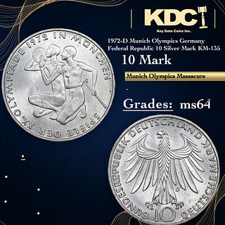 1972-D Munich Olympics Germany Federal Republic 10 Silver Mark KM-135 Grades Choice Unc