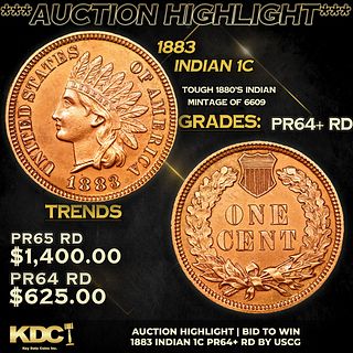 Proof ***Auction Highlight*** 1883 Indian Cent 1c Graded GEM+ Proof RD By USCG (fc)