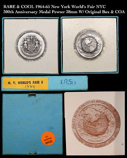 RARE & COOL 1964-65 New York World's Fair NYC 300th Anniversary Medal Pewter 38mm W/ Original Box & COA