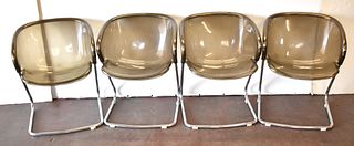 SET OF FOUR 1970s GASTONE RINALDI SMOKED LUCITE STACKING CANTILEVERED FLYNN CHAIRS