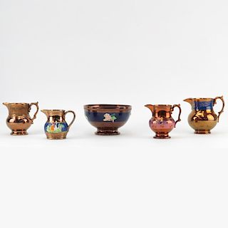 Collection of Five (5) Pieces Antique Copper Lusterware Faience including Four (4) Pitchers and One (1) Bowl