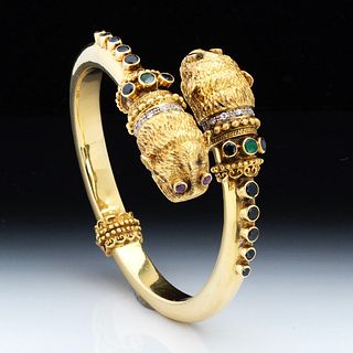 Ilias Lalaounis Spectacular Gold, Diamond and Gem Stones Chimera Heads Bangle 