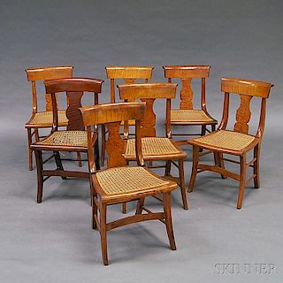 Assembled Set of Seven Empire Tiger Maple Side Chairs
